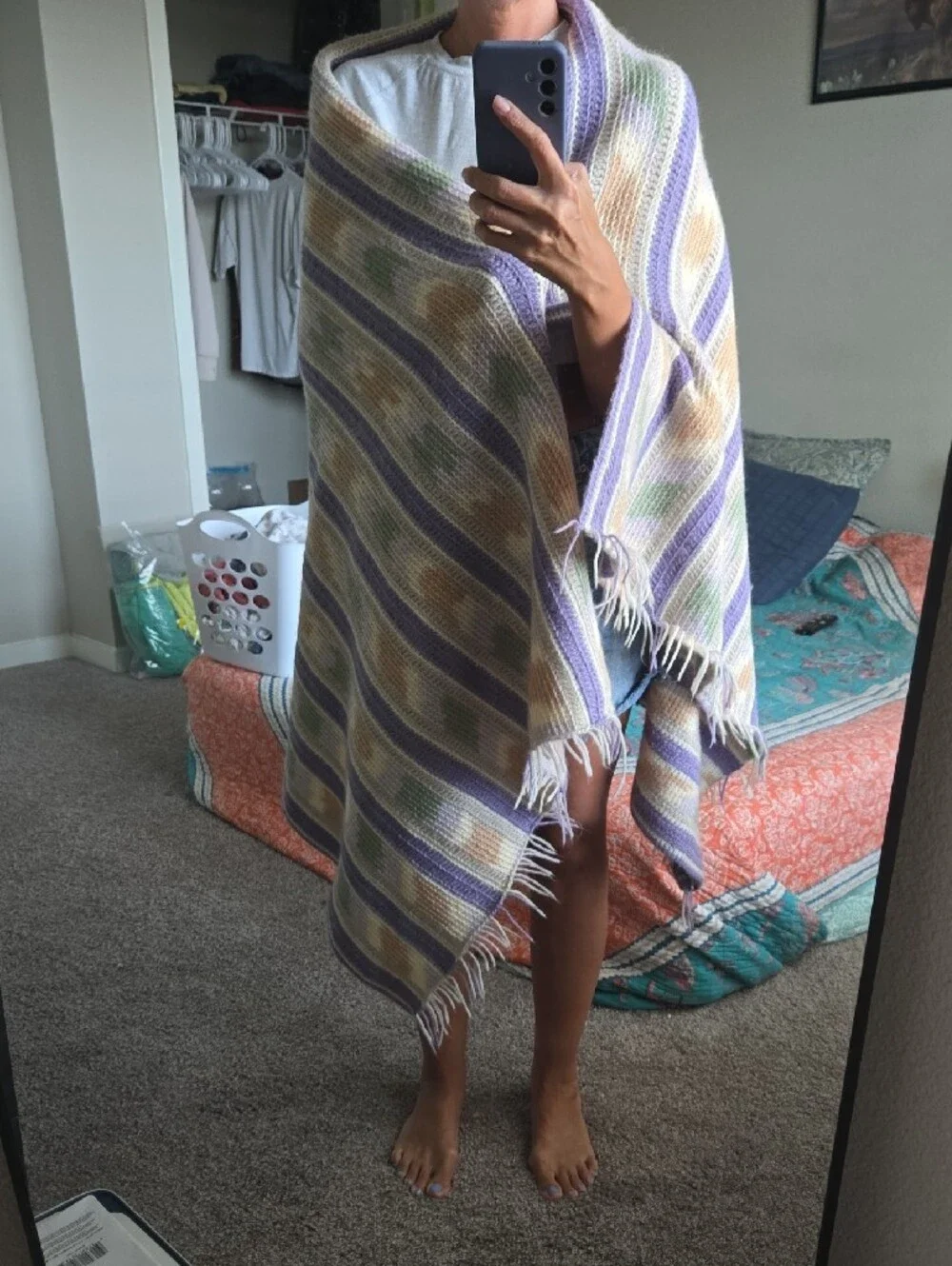 Striped Fringe Bath Towel Throw - Lavender, Cream & Green
